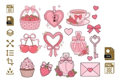 Coquette Valentine Clipart PNG SVG, Pink Bow Hearts Strawber Product Image 1
