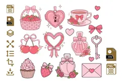 Coquette Valentine Clipart PNG SVG, Pink Bow Hearts Strawber Product Image 1