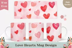 Pink Love Hearts Mug Template, Watercolor Love Mug Wrap Product Image 1