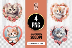 Cute Kitten With Roses In Heart Frame Clipart PNG Product Image 1