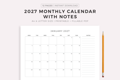 2027 Monthly Calendar with Notes, Landscape, Printable Product Image 1