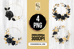 Black Gold Rose Wreath Clipart Sublimation PNG Product Image 1