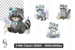 Cute Baby Raccoon with Blue Bow Floral Woodland Clipart PNG Product Image 1