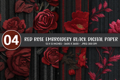 Red Rose Embroidery Black Digital Paper Product Image 1