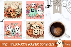 Doodle Halloween Ghost Square Coasters, Pumpkins Coasters Product Image 1