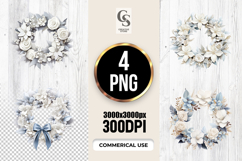 White &amp; Blue Floral Wreath Watercolor Clipart PNG Product Image 1