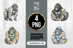 Watercolor Floral Gorilla Clipart Sublimation PNG Product Image 1
