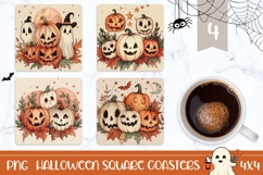 Boho Halloween Pumpkins Square Coasters, Fall Coasters PNG Product Image 1