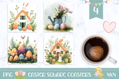 Easter House Square Coasters, Easter Flowers Sublimation Product Image 1