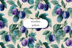 Watercolor Plum Seamless Pattern with Leaves on Cream Product Image 1