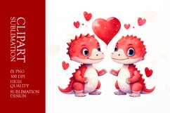 Watercolor Dino Couple, Valentines Day Clipart Sublimation Product Image 1