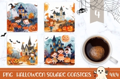 Kids Halloween Square Coasters, Watercolor Halloween PNG Product Image 1