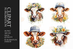 Watercolor floral cow clipart sublimation png Product Image 1