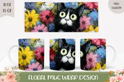 Cartoon Cat Mug Print, Flowers Mug, Tuxedo Cat With Flowers Product Image 1