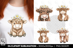 Highland Cow With Daisy Crown Clipart Sublimation PNG Product Image 1