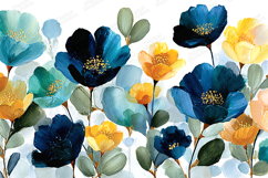 Blue and Yellow Watercolor Floral Painting Background Art Product Image 1
