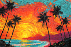 Vibrant Tropical Sunset Painting with Palm Trees Art Product Image 1