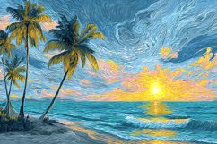 Swirling Tropical Beach Sunset Painting with Palm Trees Product Image 1