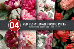Red Peony Floral Digital Paper Product Image 1