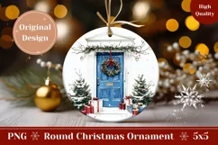 Watercolor Christmas Blue Door Ornament, Winter Sublimation Product Image 1