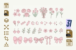 Coquette Floral Clipart PNG SVG, Pastel Bows Flowers Stars Product Image 1