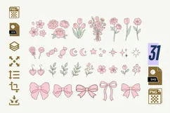 Coquette Floral Clipart PNG SVG, Pastel Bows Flowers Stars Product Image 1