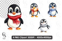 Cute Winter Penguin Clipart with Scarf PNG Product Image 1