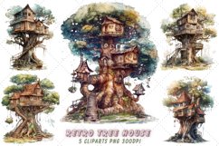 Retro Tree House Watercolor Clipart Product Image 1