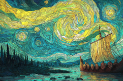 Viking Ship Artwork in Van Gogh Inspired Night Sky Product Image 1