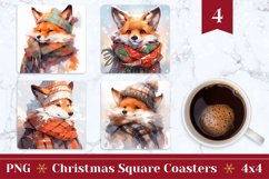 Christmas Square Coasters, Watercolor Fox Sublimation Design Product Image 1
