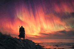 Viking Warrior Silhouette Under Fiery Aurora Sky Art Product Image 1