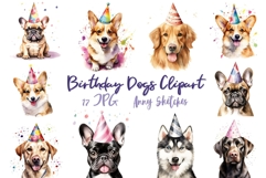 17 Dog Breeds in Party Hats Birthday Watercolor Clipart Product Image 1