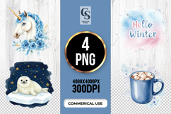 Winter Unicorn & Seal Clipart Sublimation PNG Product Image 1