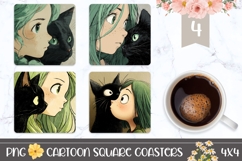 Cartoon Cat Square Coasters, Black Cat Coaster Designs Product Image 1