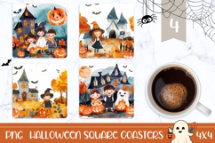 Kids Halloween Square Coasters, Watercolor Halloween Coaster Product Image 1
