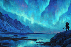 Viking Warrior Under Blue Aurora Night Sky Artwork Product Image 1