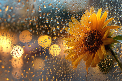 Sunflower Behind Rainy Window with Warm Bokeh Lights Product Image 1