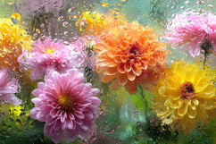 Colorful Flowers Behind Rainy Glass with Soft Water Drops Product Image 1