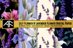 Lily &amp; Lavender Flower Digital Paper | Flower Pattern Product Image 1