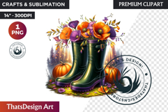 Autumn Floral Rain Boots PNG, Fall Flower in Wellies Clipart Product Image 1