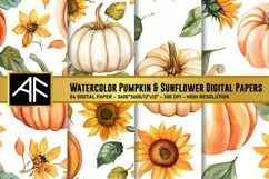 Watercolor Pumpkin & Sunflower Digital Paper Patterns Product Image 1