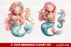 2 Cute Mermaids Clipart Set | Whimsical Mermaid Illustration Product Image 1