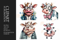 Grumpy funny cow watercolor clipart sublimation Product Image 1