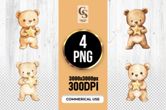 Watercolor Teddy Bear Holding Star Clipart Sublimation PNG Product Image 1