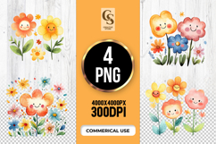 Cute Smiling Flower Watercolor Clipart PNG Product Image 1