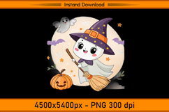 Cute Ghost Witch Flying on Broom Halloween Sublimation PNG Product Image 1