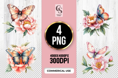 Butterfly and Peony Clipart Sublimation PNG Product Image 1