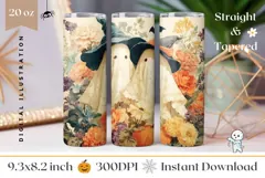 Floral Halloween Tumbler Wrap, Cartoon Ghosts Tumbler PNG Product Image 1