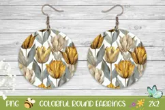 Gold Tulips Round Earrings, Flowers Earrings Print Product Image 1