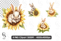 Cute Bunny with Sunflower Watercolor Clipart Sublimation PNG Product Image 1